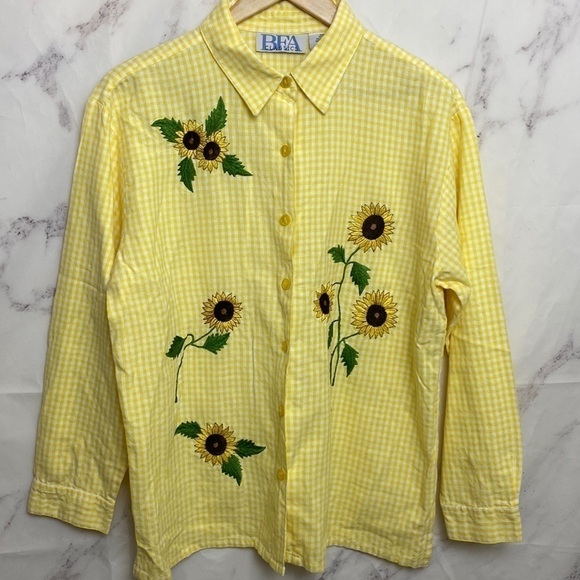 Vintage 90s Floral Embroidered Summer Sunflower Button Down Shirt Blouse - C34 - Picture 1 of 5